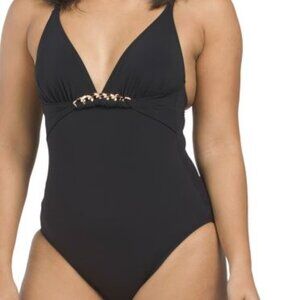 NWT PROFILE BY GOTTEX Unchain My Heart V-Neck One-piece Swimsuit -Black Size 14